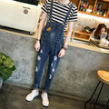 2016 New Men s casual pocket blue denim overalls Slim jumpsuits pants Ripped jeans for man