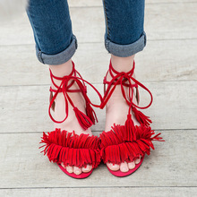 Fashion Women Sandals 2016 New Design Ankle-Wrap Tassel Med Square Heels High Quality Womens Summer sandal Shoes 4colors
