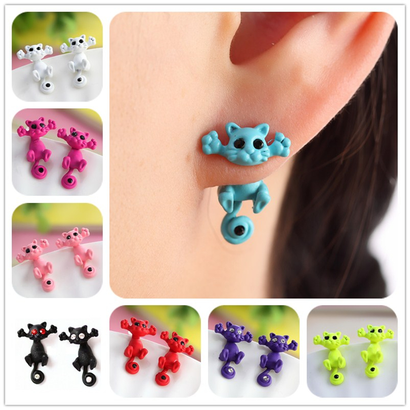 Image of 12 style Fashion Colourful bijoux 3D Black eye Cute Small Cat Stud Earrings For Girl Fine Jewelry brincos