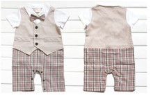 Kid Clothing Suit One Piece Short Sleeve Boy’s Romper Gentleman Tie Vest Plaid Toddler Baby Boy Clothes Cotton Kid Clothing Suit