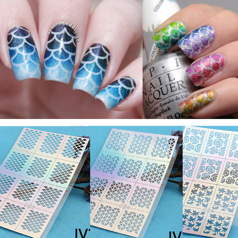 Image of 12 Tips/Sheet Fish Scale Nail Vinyls Irregular Triangle Grid Pattern Easy Use Nail Art Tips Manicure Stencil Nail Hollow Sticker
