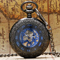 New Arrival Chic Blue Roman Numbers Transparent Mechanical Hand Wind Pocket Watch Antique Black Fob Time