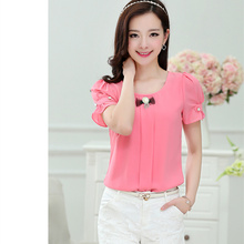 Summer Style Chiffon Blouse Short Sleeve Diamonds Bow Women Tops 2015 New Arrival O-Neck Casual OL Shirt blusa feminina