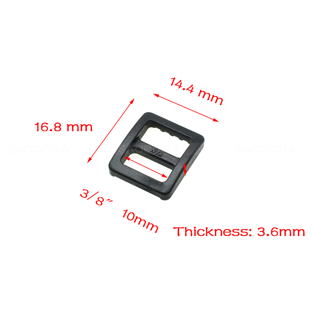 Description Picture 4 of item10pcs/pack Plastic Slider Tri Glide Adjust Buckles Backpack Straps Webbing 10/16/20/25/32/38mm Wider Style Black