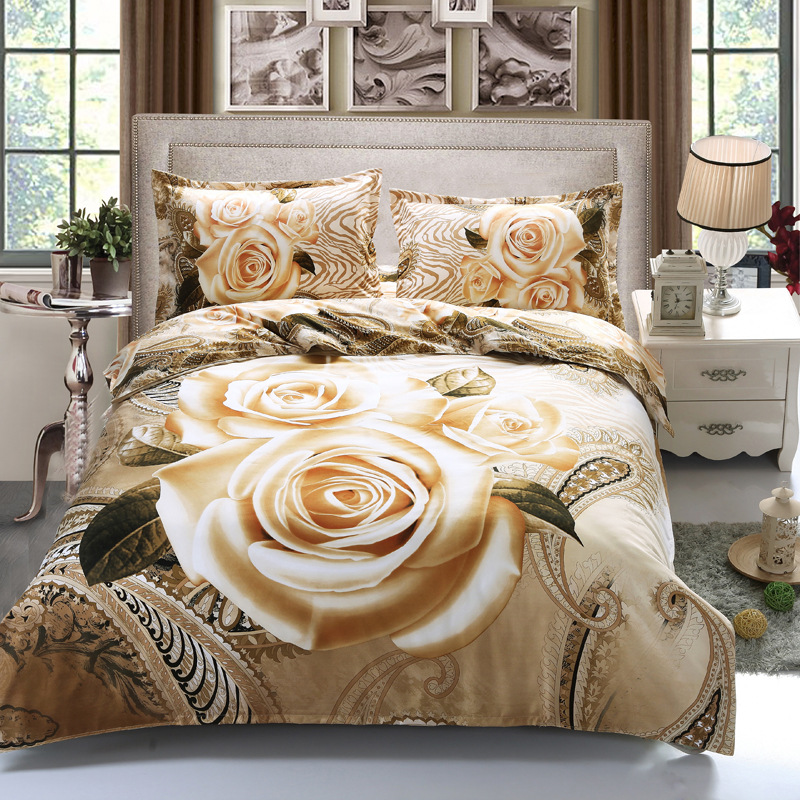 Home Textile 3d Gold Rose Bedding Set Luxury Red Rose Flower Bed