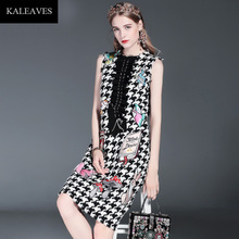 2016 Runway Fashion Houndstooth Dress Chequered With White And Black Cartoon Embroidery Sleeveless Beading Slim Women New Dress