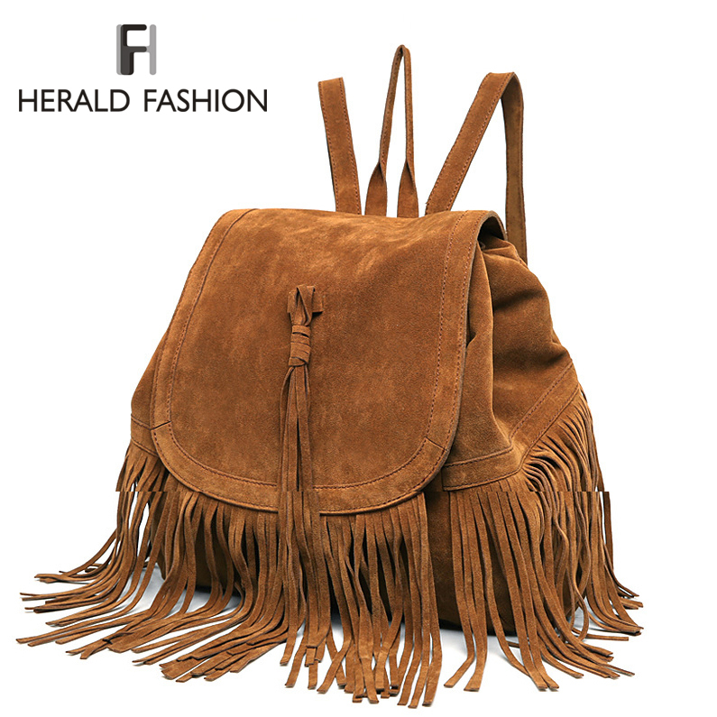 Image of Casual Women Backpack Mini Tassels Rucksack Fashion Solid Women Shoulder Bag Satchel Faux Suede Leather Mochilas School Bag