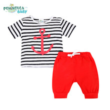 Children Clothes Set 2016 Summer Navy Wind Striped Short Sleeve Cotton Clothing Sets Anchor Pattern Fashion Baby Boys Kids Giyim