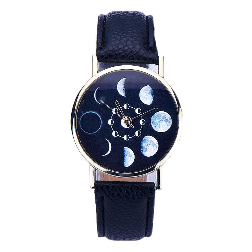 New Design Women watches Lunar Eclipse Pattern PU Leather band clock Analog Quartz Wrist Watch relog