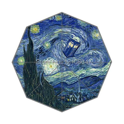 Vincent van Gogh painting and Doctor Who Tardis Background Printed Triple Folding Rain/Sun Umbrella!