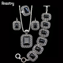 Classic Look Vintage Silver Plated Necklace Bracelet Clip On Earring Ring Hole Flower Black Turquoise Jewellery Set TS91R