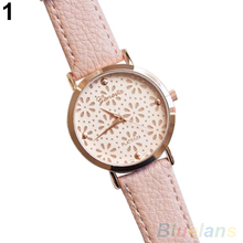 Women s Geneva Faux Leather Band Elegant Flower Casual Analog Quartz Wrist Watch 2MQK 37CA