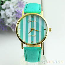 Fashion Women Men Classic Geneva Stripes Print Leatheroid Analog Quartz Dress Wrist Watches 01NS 2UQL