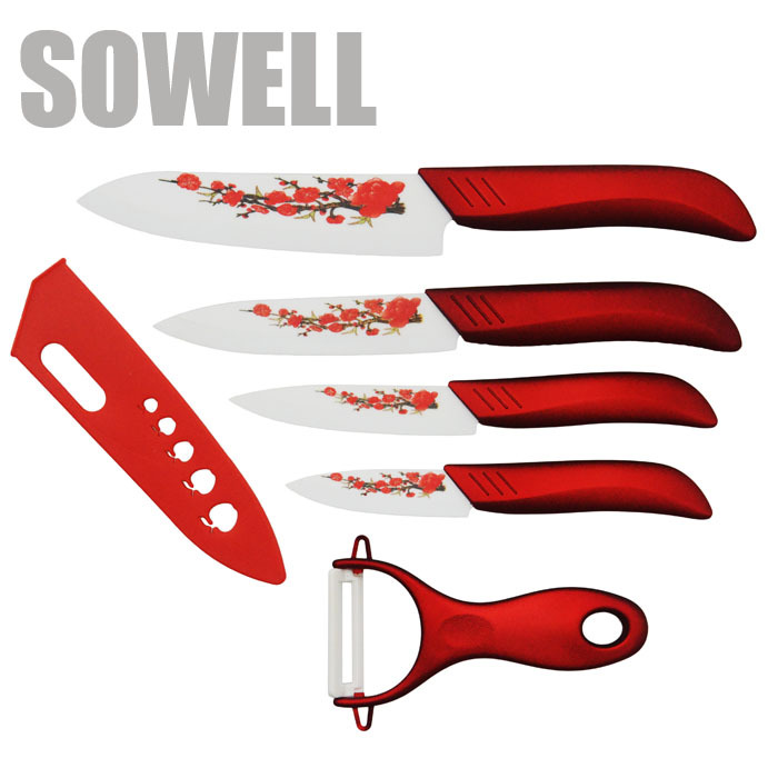 Image of SOWELL brand high quality ceramic knife set cooking tools 3 4 5 6 inch Kitchen Knives with red flower covers kitchen knives