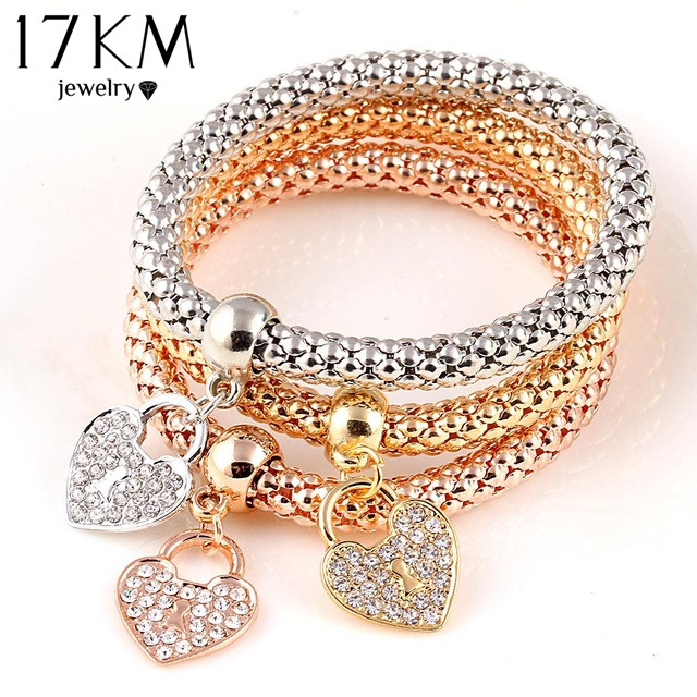 Image of 2016 Gifts 3Pcs Gold Filled Heart Charm Elastic Bracelets For Women Pulseras Bracelet Cute Multilayer Bangles pulseira feminina