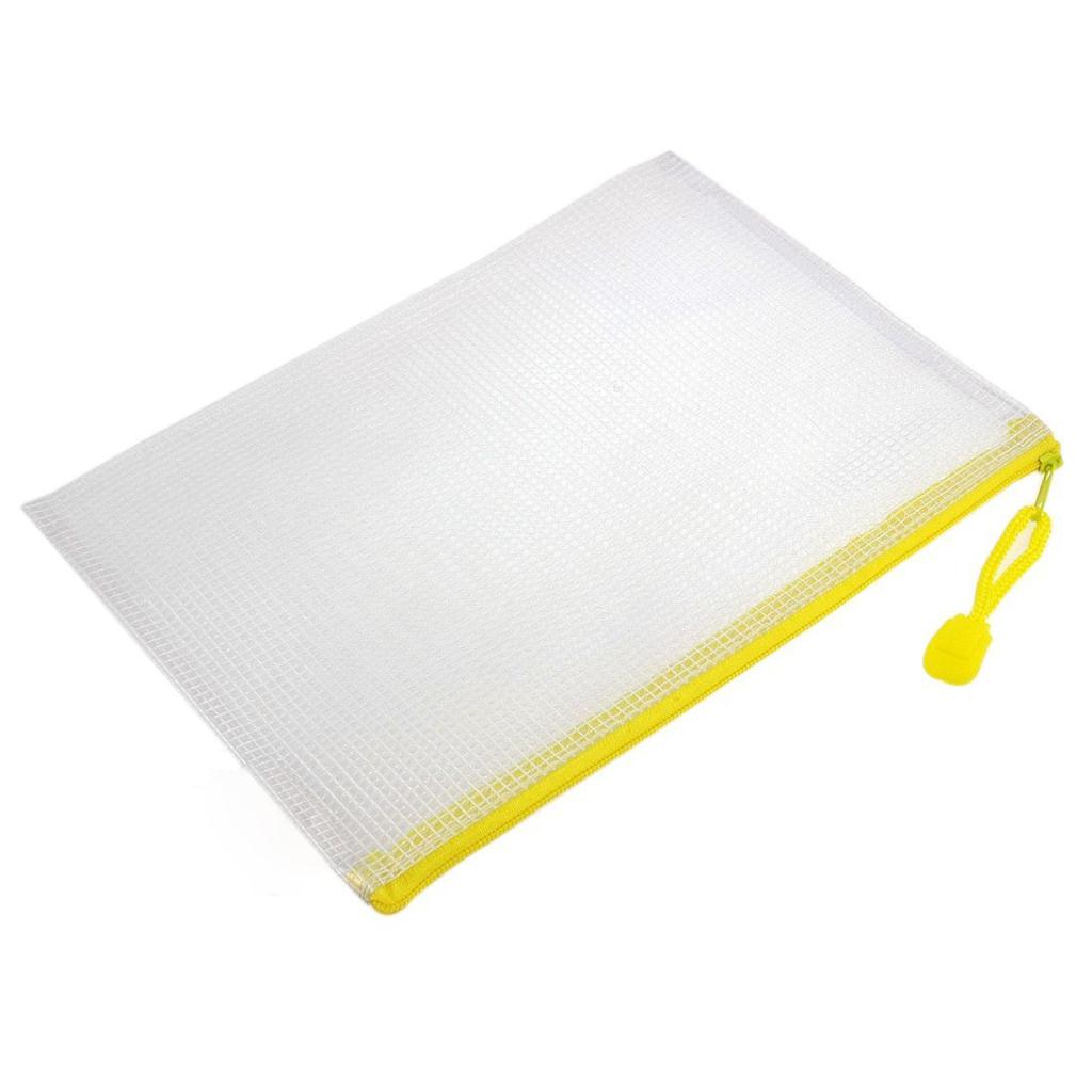 FS Hot 4 Pcs Pen File A4 Document Bags Yellow Zip up White Plastic Pockets