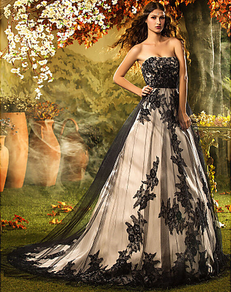 Black Gothic Wedding Dresses Garden Outdoor A Line Court Train Lace