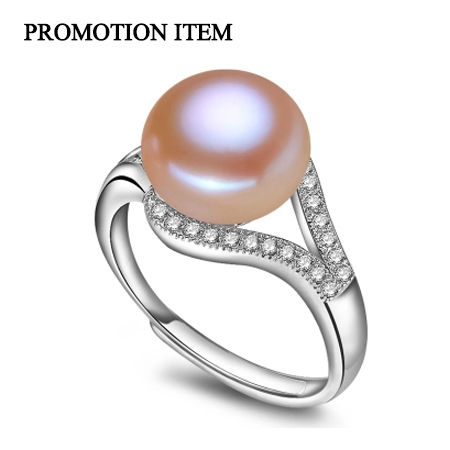 Image of 100% real freshwater pearl ring for women 925 sterling silver adjustable ring with AAA zircon 9-10mm AAAA natural pearl jewelry