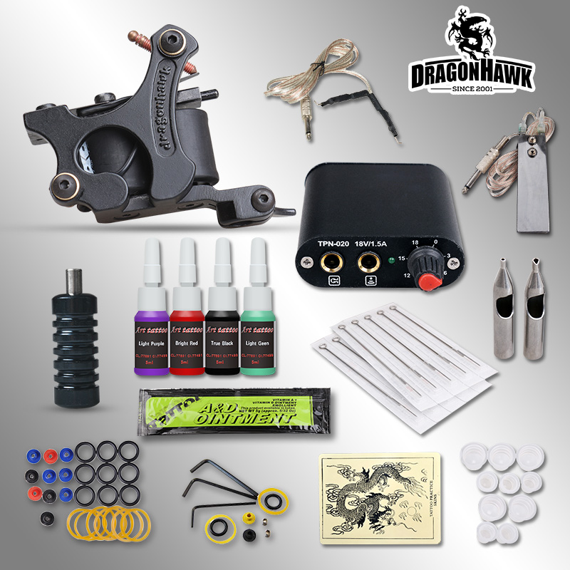 Complete Tattoo kits 8 wrap coils guns machine 1/6oz black tattoo ink sets power supply disposable n