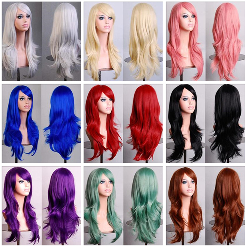 Image of 14 Colors 70cm Long Wavy Full Head Wig Anime Cosplay Synthetic Lace Fron Wig, Black Blue Pink White Red Purple Cosplay Cheap Wig