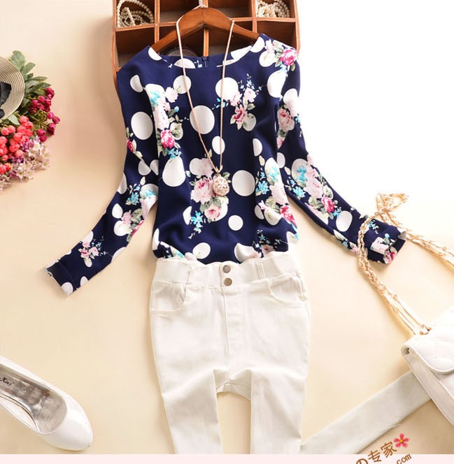 2015-Summer-Casual-Chiffon-Shirts-Sexy-Deep-round-Neck-Women-Blouses-Blue-White-Long-Sleeve-Solid