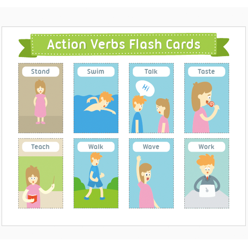 4pcs Set English Action Verbs Word Cards A4 Flash Card Preschool