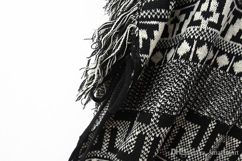  Women Stylish Geometry Vintage Tassels Batwing Sleeve Knitting Capes Tops Gray Outwears Loose Fall Winter Sweaters