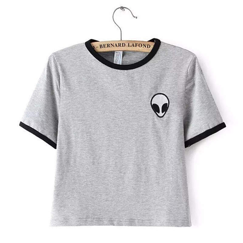 Image of 2015 Short Sleeve Alien Crop Tops WomensPrint t-shirt Black White Striped tshirts Cropped top alien shirt Summer Short Tops