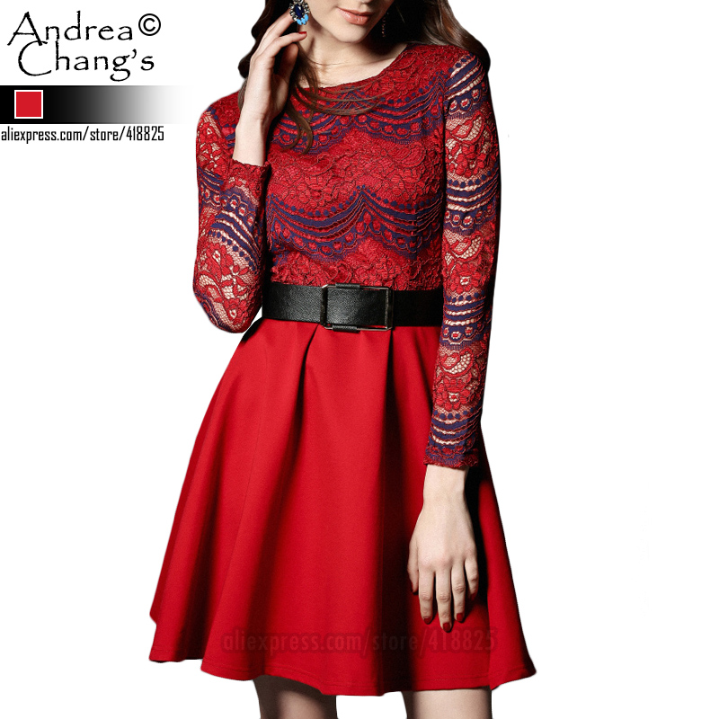 2016 spring summer designer womens dresses red purple lace top black belt red ball gown long sleeve fashion cute brand dress