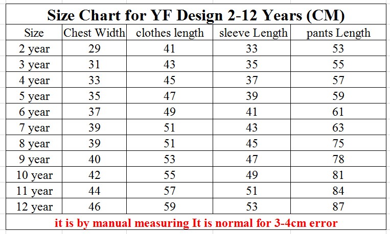 YF 2-12 Size Chart