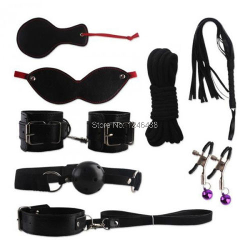 New 9 pcs Restraints Black Bondage Set Fetish Collar Whip Rope Ball Mask Handcuff Sex Products