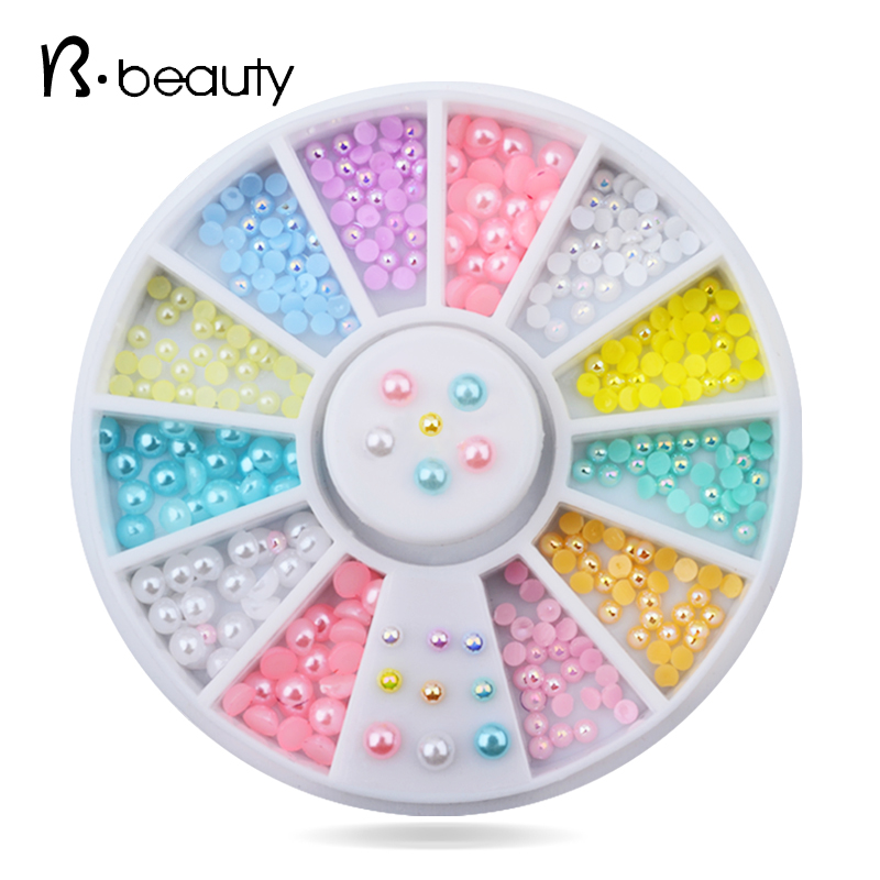 Image of Mix Sizes Candy Color Shiny Half Round Flatback Pearls Nail Art Stickers Tips Glitter Fashion Nail Rhinestone Decoration Wheel