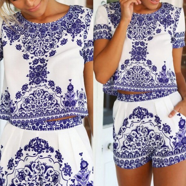 2016 Из Двух Частей Фарфор Короткий Комбинезон Женщины Crop Top Playsuit Винтаж Тропический Стиль Партии Детский Комбинезон Женщин Комбинезон