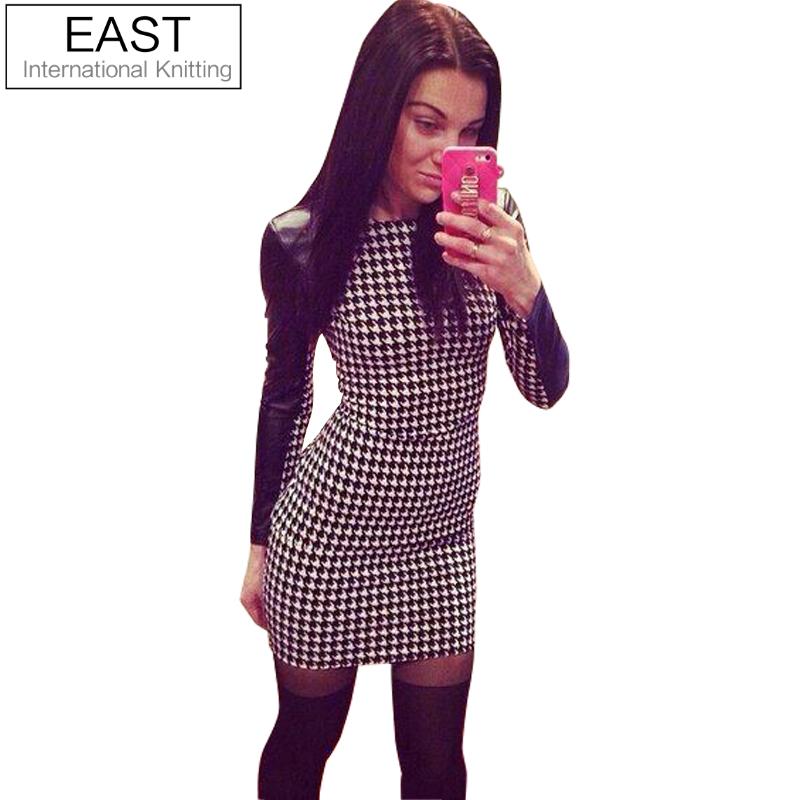 Image of EAST KNITTING E5 Newest 2015 Spring Women Sexy Pu Leather Black Long Sleeve Splice Grid Winter Simple Plus Size Dresses