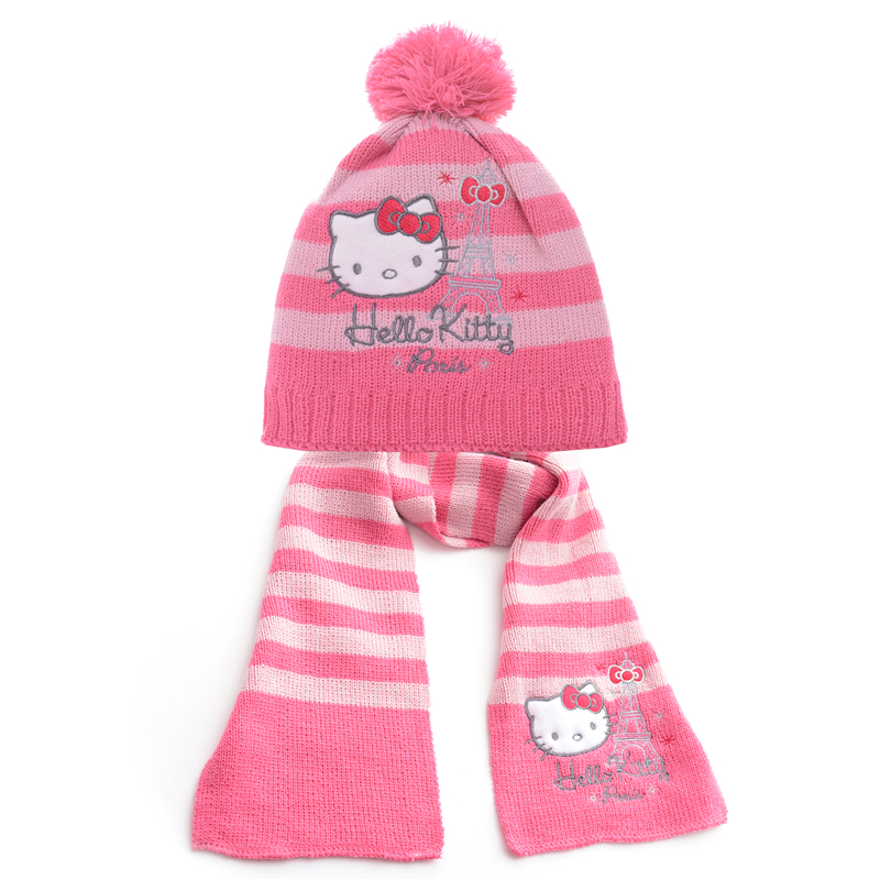Hot Selling 2PCS Striped Pink Knit Hello Kitty Cat Girls Beanie Hats Scarf Set ONE SIZE New Free Shipping #LN