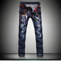 High Quality Mens Ripped Biker Jeans Hole Paint Blue Slim Fit Motorcycle Jeans Men Vintage Distressed