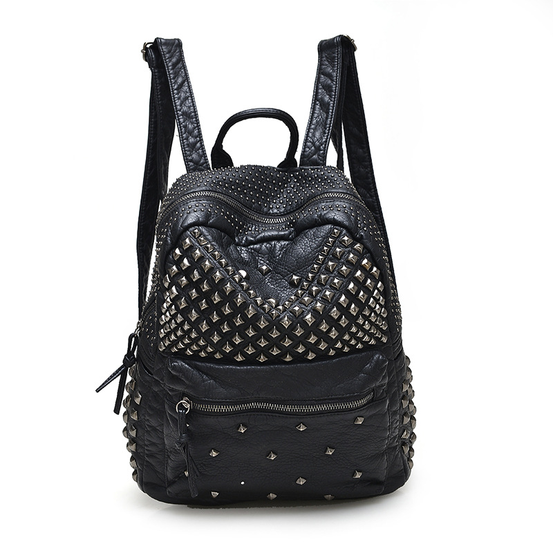 Image of 2016 Fashion Women Waterproof PU Leather Rivet Backpack Women's Backpacks for Teenage Girls Ladies Bags with Zippers Black Bags