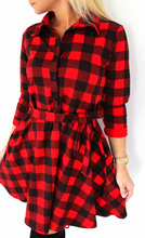 2016 Spring Summer Autumn Slim Sexy Red Black Tartan Shirt Plus Size Plaid Casual Belt Long Sleeve V Neck Women Checkered Dress
