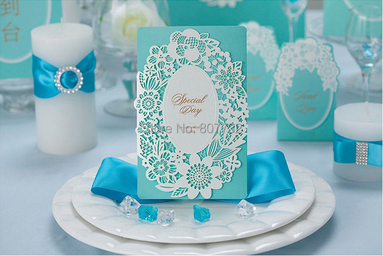 Wholesale High Quality Tiffany Blue Wedding Invitation Card 185 128mm Embossment And Gold Bronzing With Envelope Inner Paper And Seals