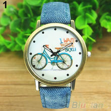 Women s Fashion Bike Bronze Jean Fabric Band Quartz Analog Wrist Watch 2K7L