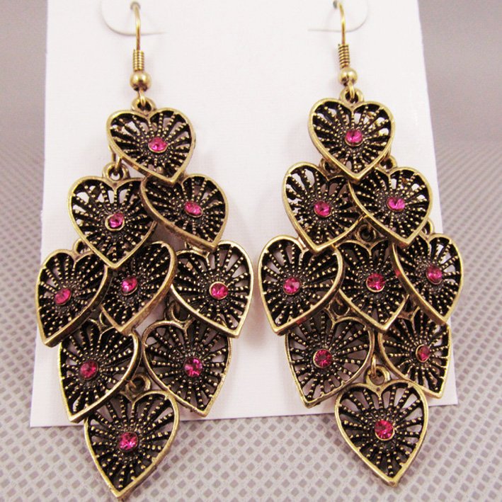 Vintage Heart Love Rose Red Crystal Chandelier Dangle Gold Fashion Earrings Wholesale Clearance ...