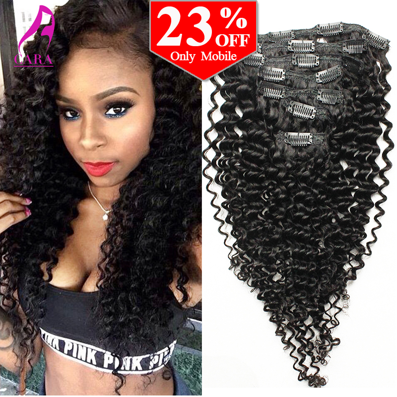 Image of African American Clip In Human Hair Extensions 7A Brazilian Virgin Hair Kinky Curly Clip In Hair Extensions 7Pcs 120G Clip Ins
