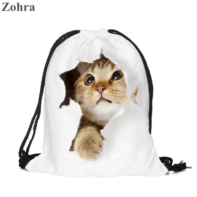 Image of Cat escape 3D printing Women Classic forever Zohra brand mochila escolar man Gym bags Travel mochilas backpack drawstring bag