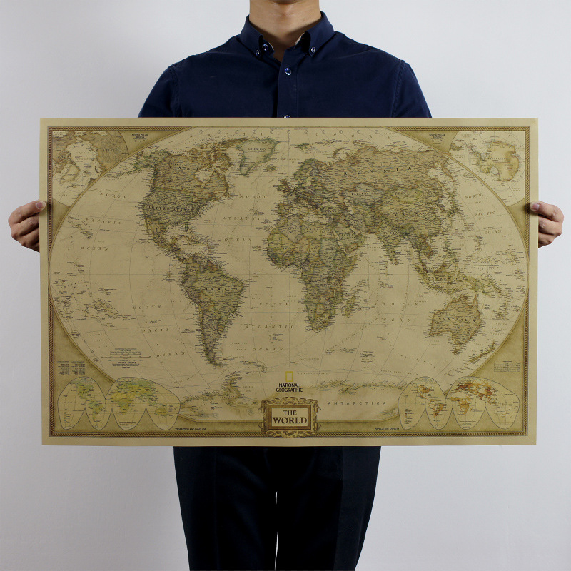 Image of Vintage World Map Travel Home Decoration Detailed Antique Poster Wall Chart Retro Paper Matte Kraft Paper Map World