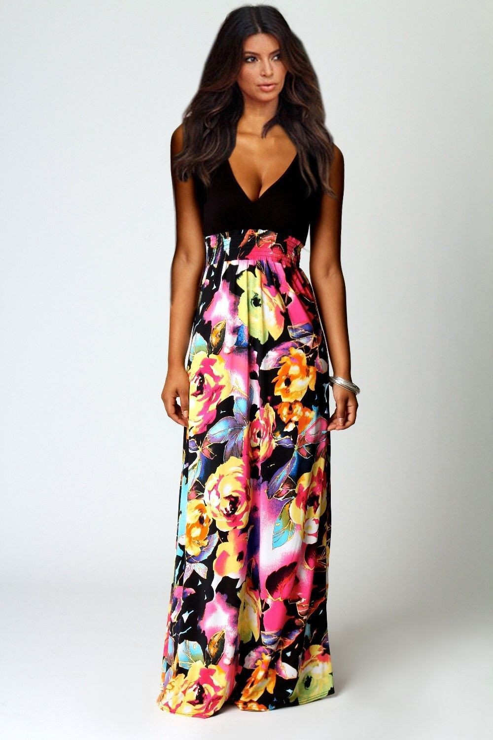 Women Maxi Dress Summer Dress 2015 Deep V-neck Sleeveless Floral Printed Dress Princess Dresses robe longue femme (3)