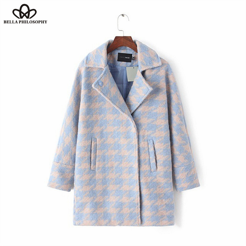 2015 fall winter new loose Houndstooth pink blue warm women wool coats jacket with big turn down collar
