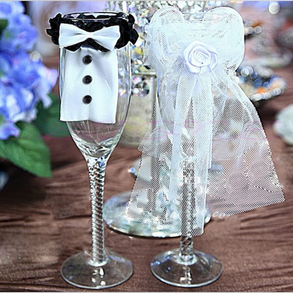 Image of Free shipping 2 PCS Bride & Groom Tux Bridal Veil Wedding Party Toasting Wine Glasses Decor