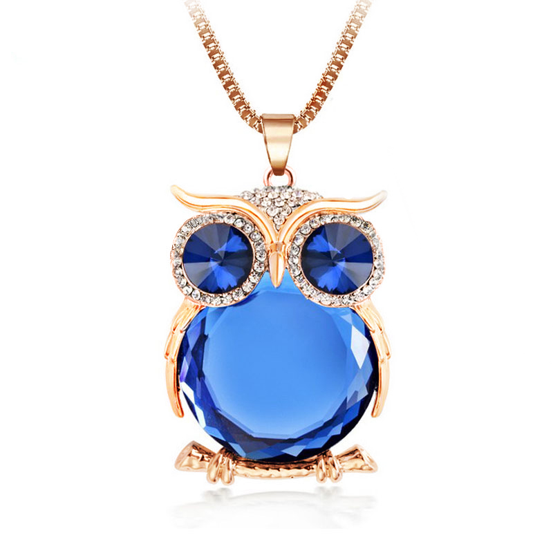 Image of 8 Colors Trendy Owl Necklace Fashion Rhinestone Crystal Jewelry Statement Women Necklace Silver Chain Long Necklaces & Pendants