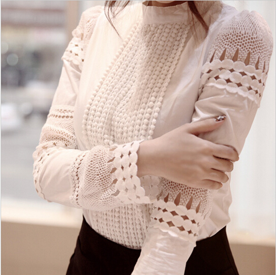 Image of Plus Size XXL2015 Spring Women Cotton Blouses Cutout long-sleeve Slim Crochet White Vintage Lace Shirts Work Wear Female Tops