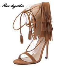 New summer fashion tassel women high heels sandals shoes woman party wedding gladiator pumps ankle strap suede leather shoes